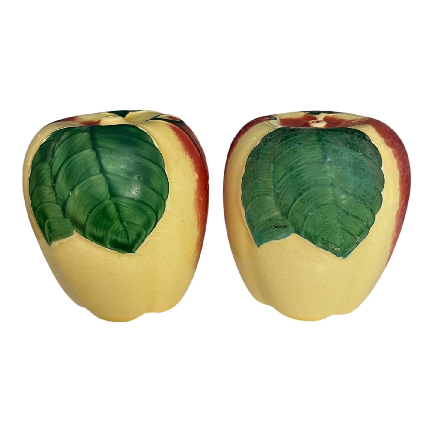 Vintage Hull Pottery Apple Salt and Pepper Shakers – Hand-Painted Red and Yellow Fruit Design with Green Leaves – 1950s