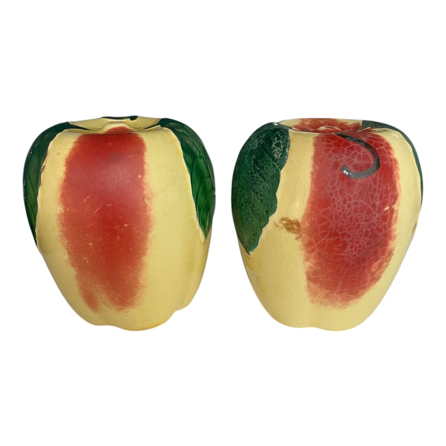 Vintage Hull Pottery Apple Salt and Pepper Shakers – Hand-Painted Red and Yellow Fruit Design with Green Leaves – 1950s