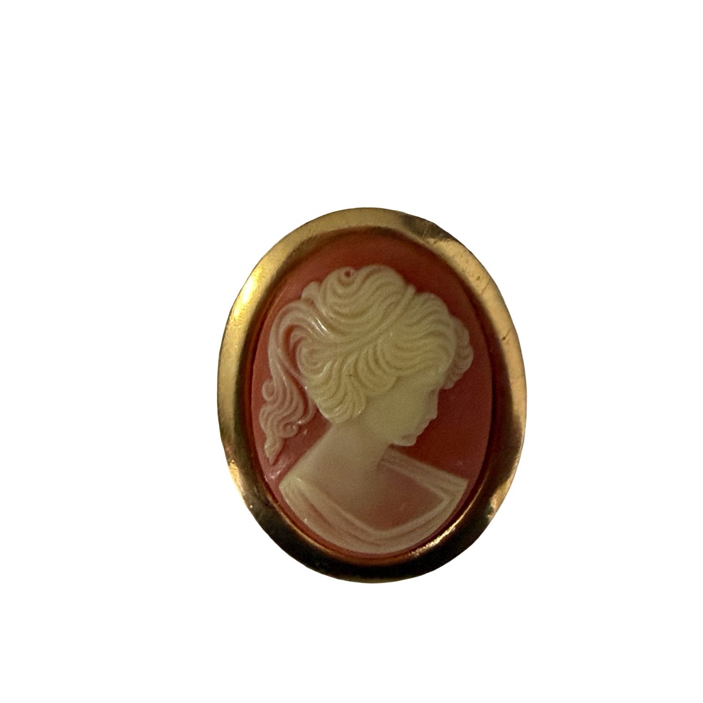 Vintage Cameo Lady Brooch Pin Oval Gold Tone Orange White Classical Portrait