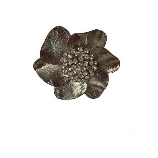 Vintage Rhinestone Flower Clamper Bracelet Silver Tone Statement Cuff