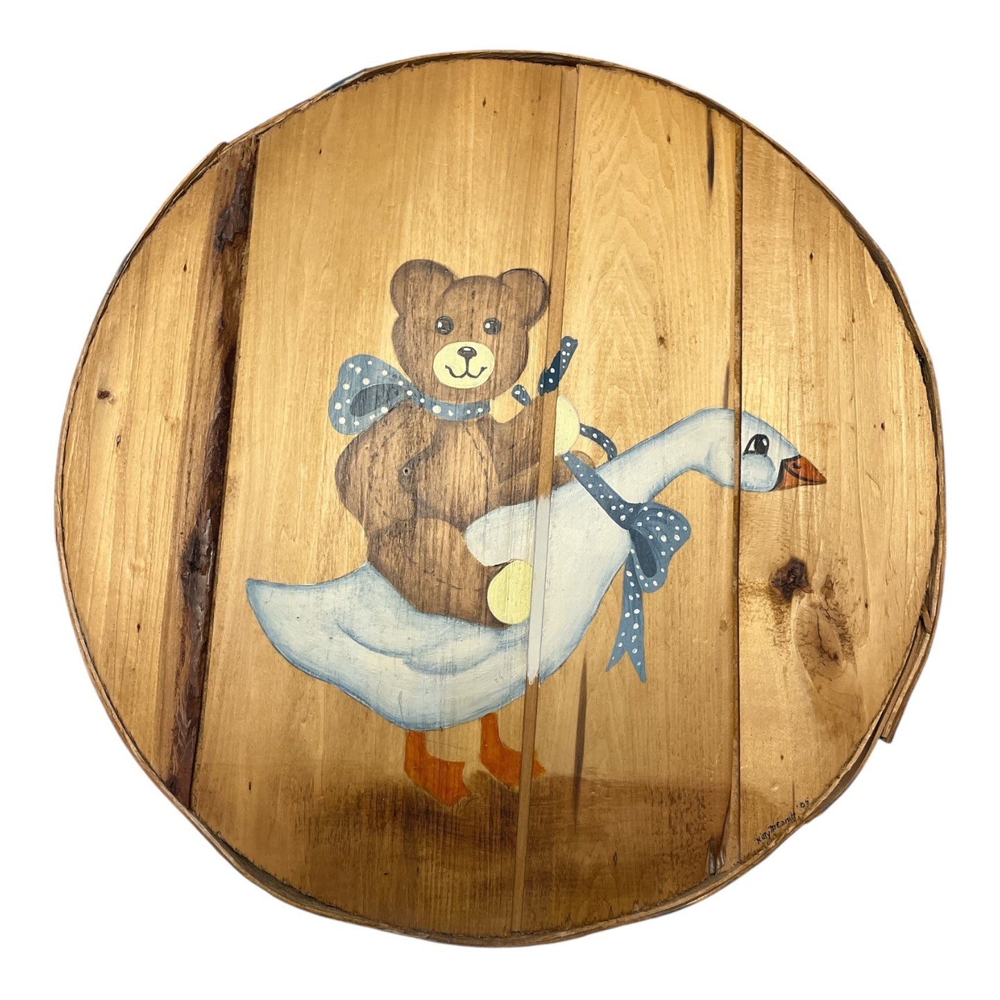 Vintage 1985 Seneca Crafts Hand Painted Goose Bear Wood Cheese Box Kitty Merritt 15"