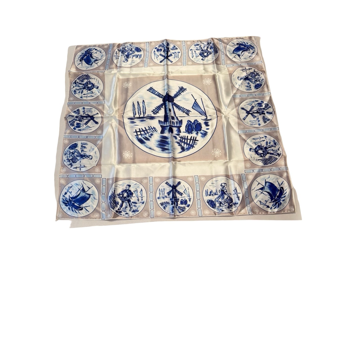 Vintage Dutch Windmill Satin Scarf 26" Blue White Holland Folk Art Print