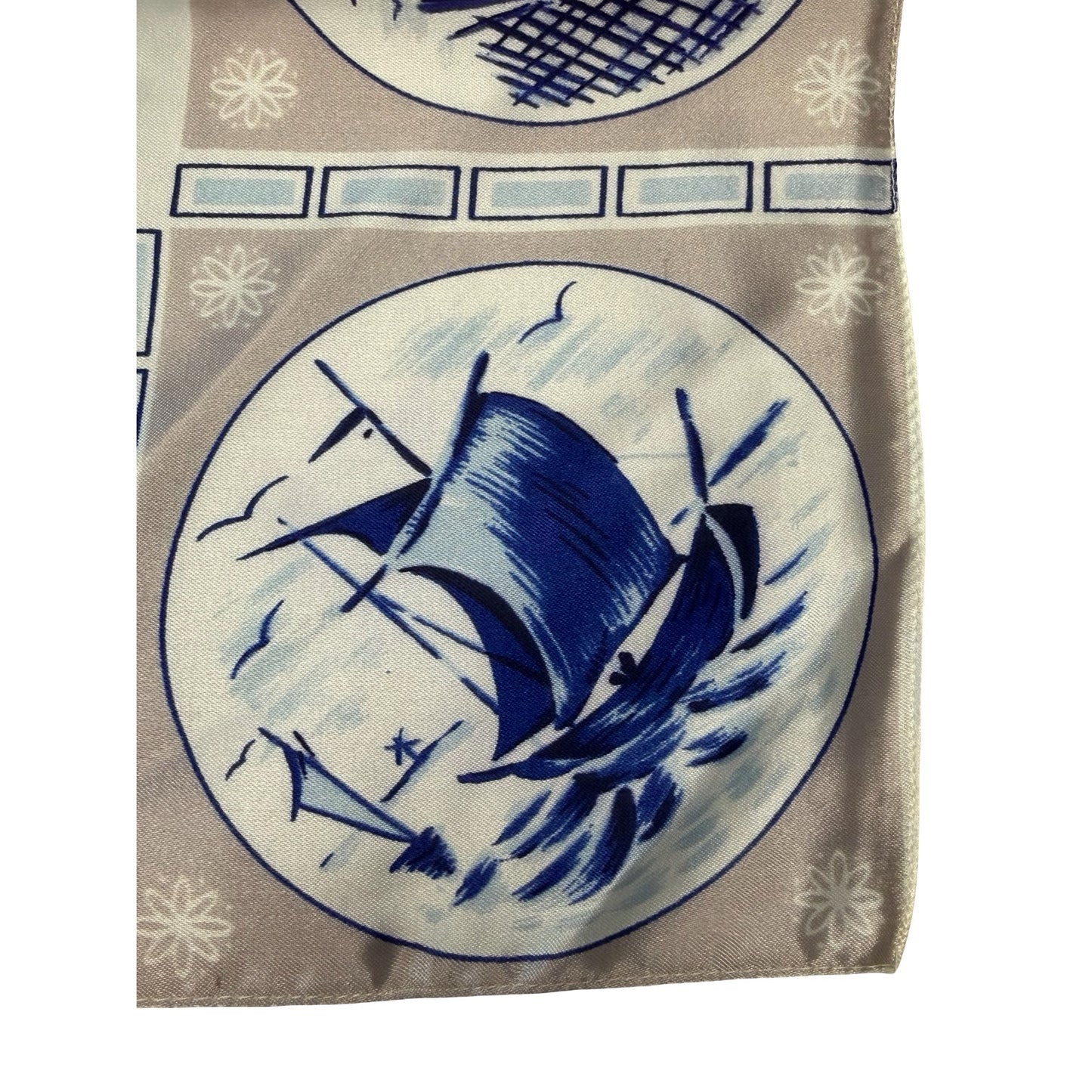 Vintage Dutch Windmill Satin Scarf 26" Blue White Holland Folk Art Print