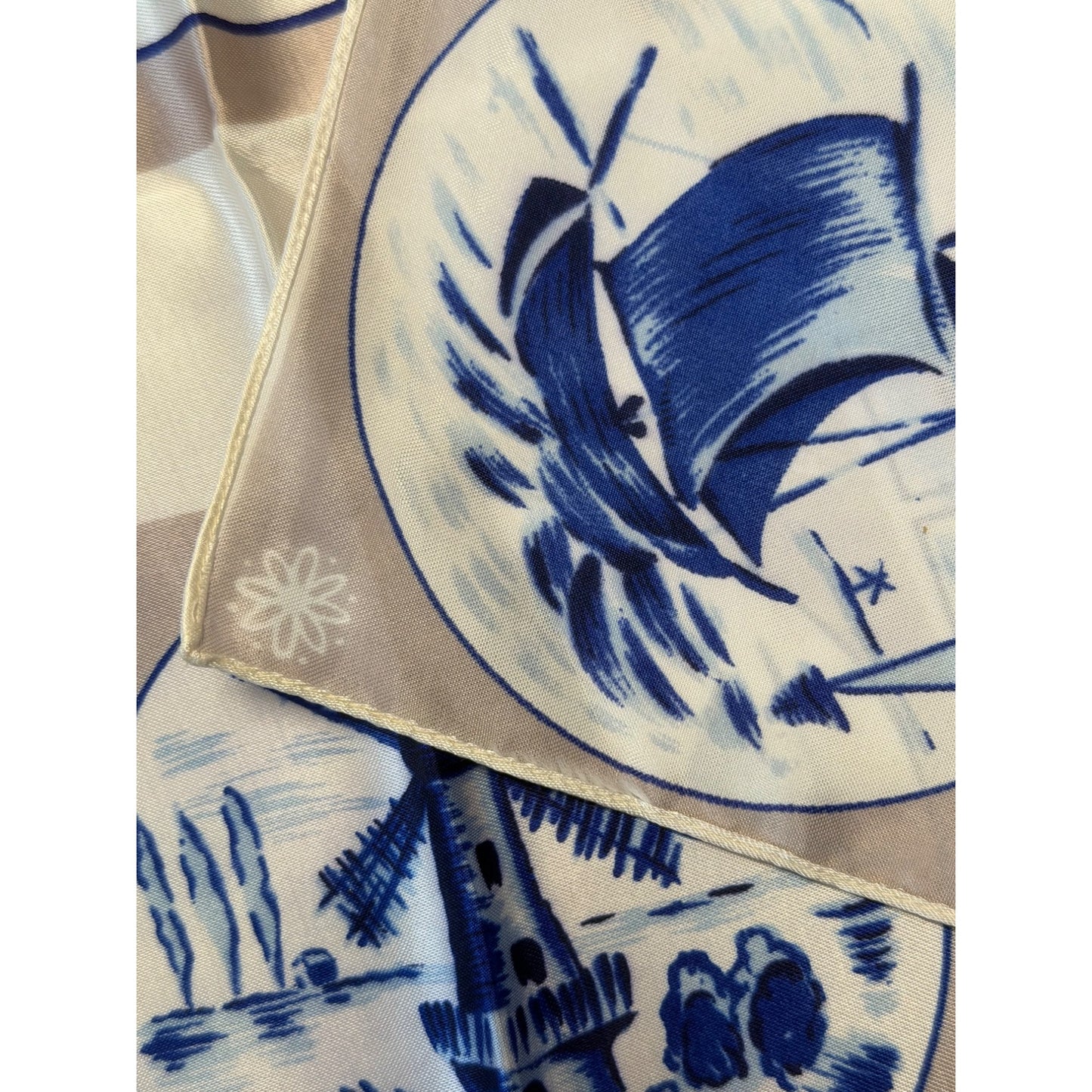 Vintage Dutch Windmill Satin Scarf 26" Blue White Holland Folk Art Print