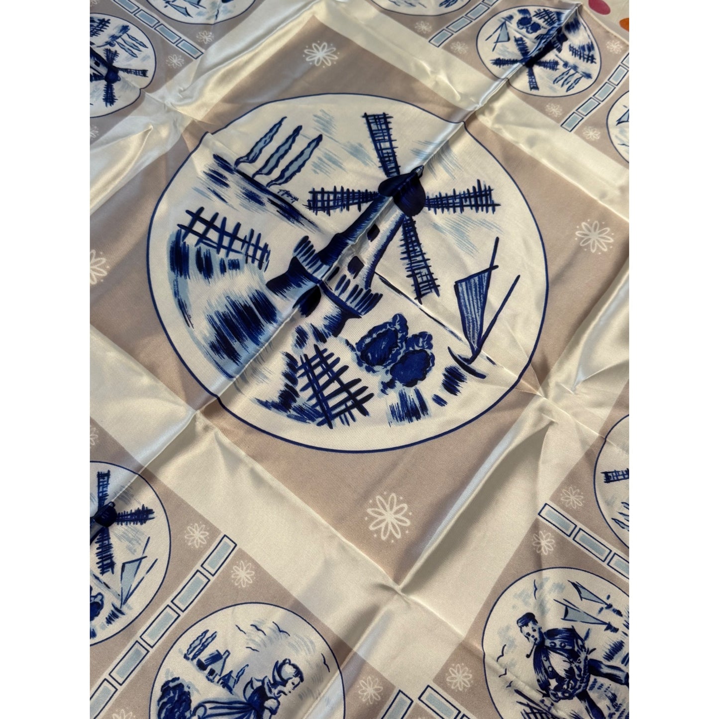 Vintage Dutch Windmill Satin Scarf 26" Blue White Holland Folk Art Print