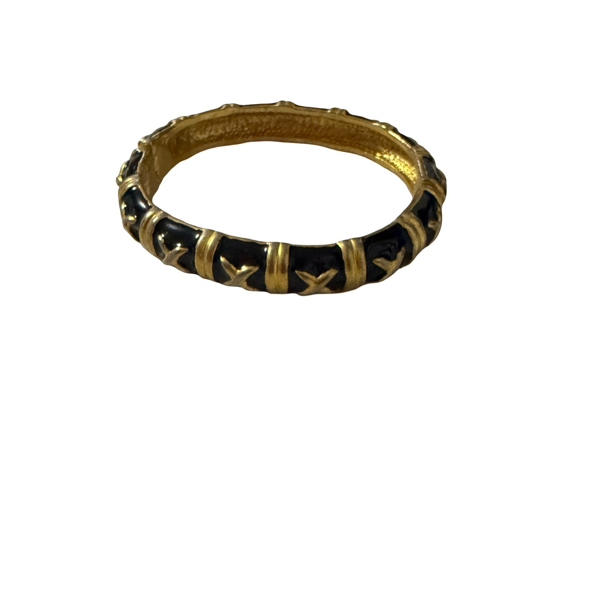 Vintage 1980s Black Enamel Gold Tone X Kiss Hinged Bangle Bracelet