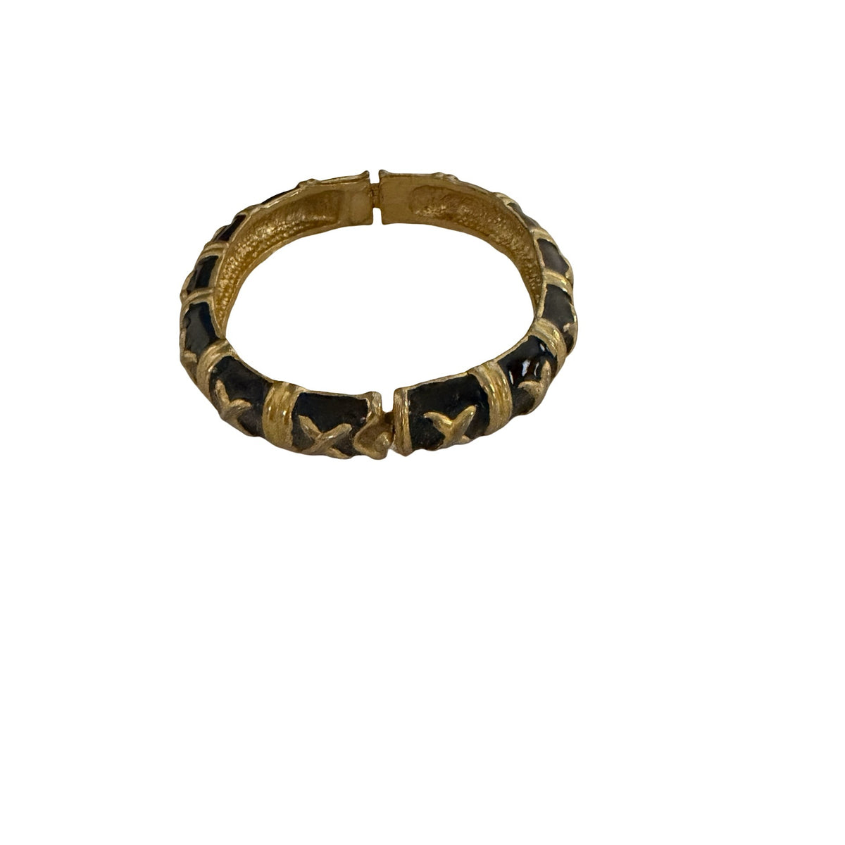 Vintage 1980s Black Enamel Gold Tone X Kiss Hinged Bangle Bracelet