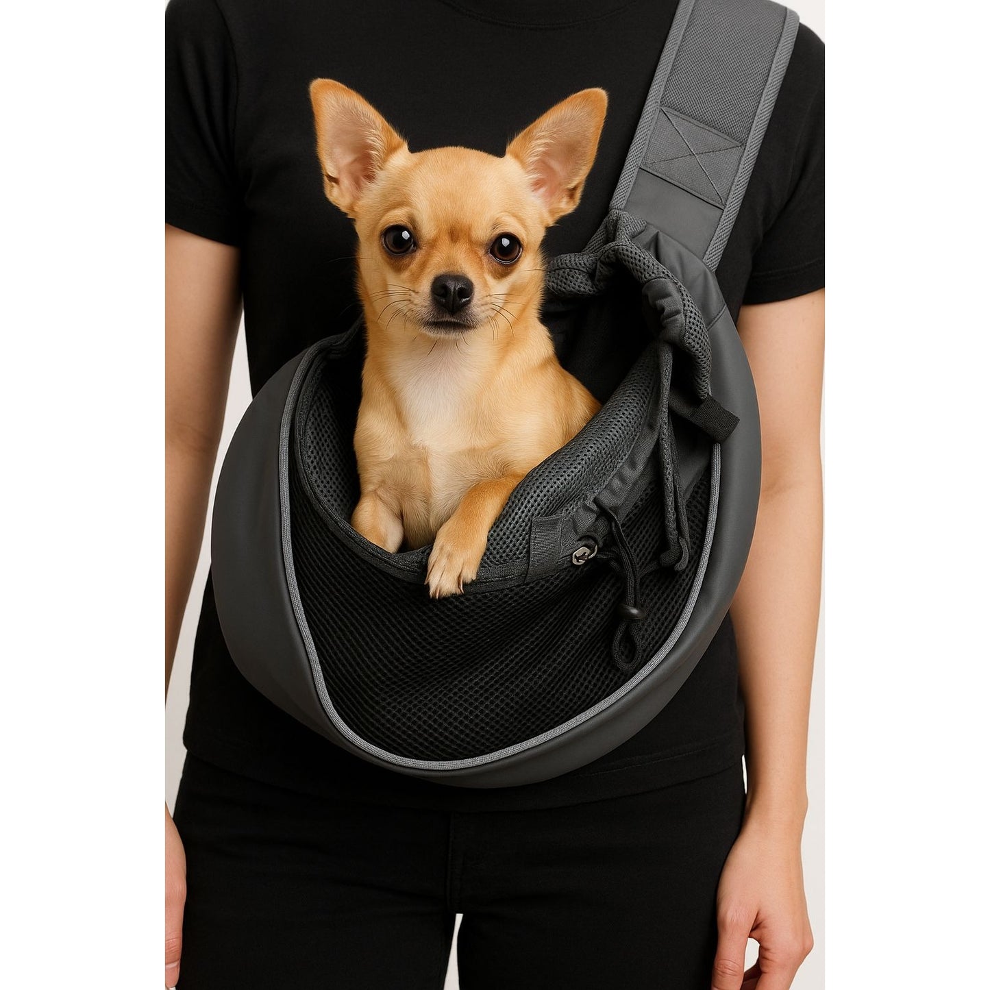 Gray Mesh Pet Sling Carrier Bag for Small Dogs or Cats – Hands-Free Crossbody Design