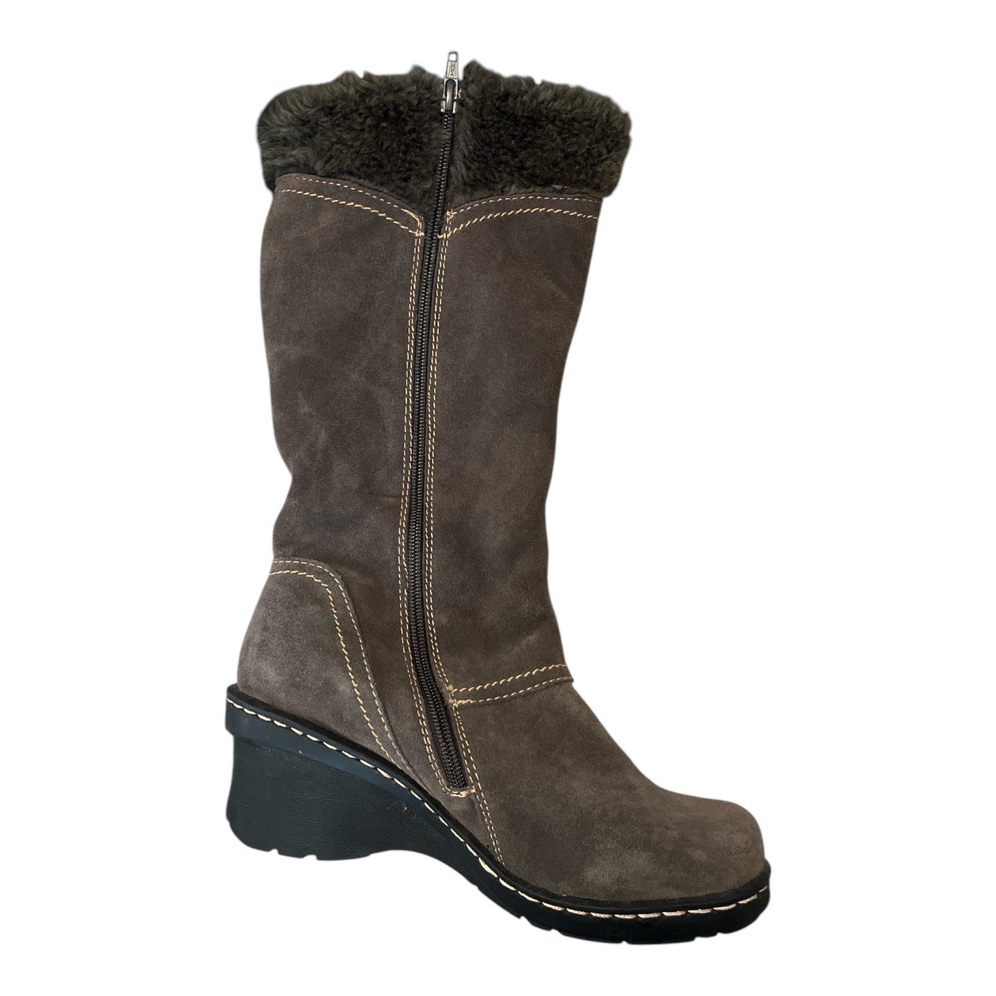 Beartrap Cathy Suede Fur-Lined Mid-Calf Boots Size 7.5 With Buckle Accents & Non-Slip Soles Brown