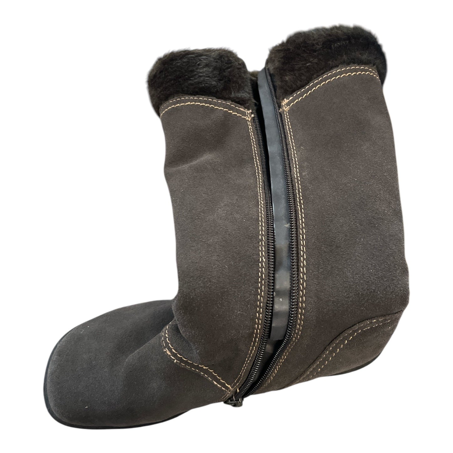 Beartrap Cathy Suede Fur-Lined Mid-Calf Boots Size 7.5 With Buckle Accents & Non-Slip Soles Brown