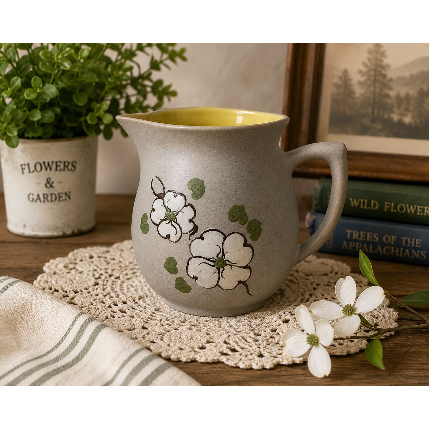 Pigeon Forge Pottery Handcrafted Stoneware Creamer Pitcher Dogwood Floral Gray Yellow Interior