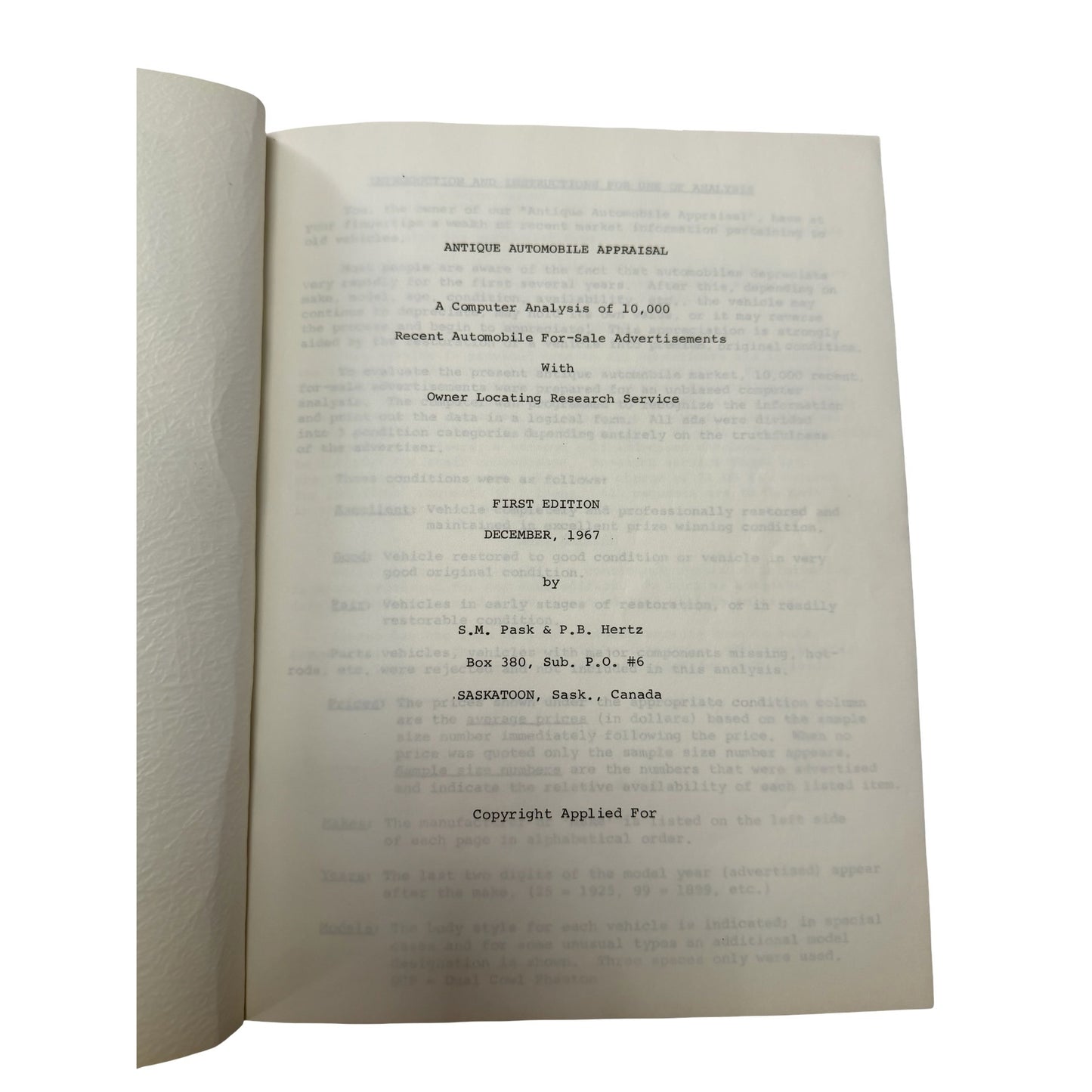 1967 Antique Automobile Appraisal First Edition S.M. Pask P.B. Hertz Collector Car Price Guide