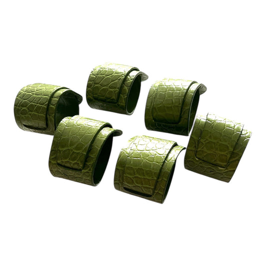 Early 2000s Vintage Green Faux Crocodile Napkin Rings Set of 6 Table Decor