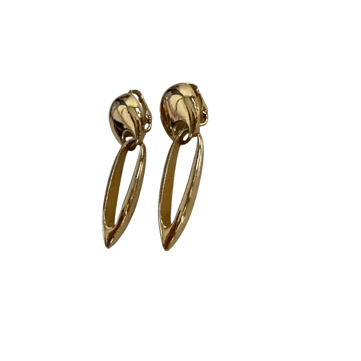 Vintage Gold Tone Open Marquise Drop Clip On Earrings Modernist 2 Inch