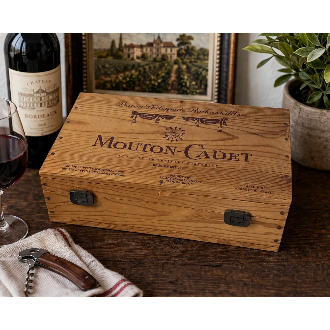 Vintage Mouton Cadet Wooden Wine Box Rothschild Bordeaux Crate 2 Bottle Storage Case