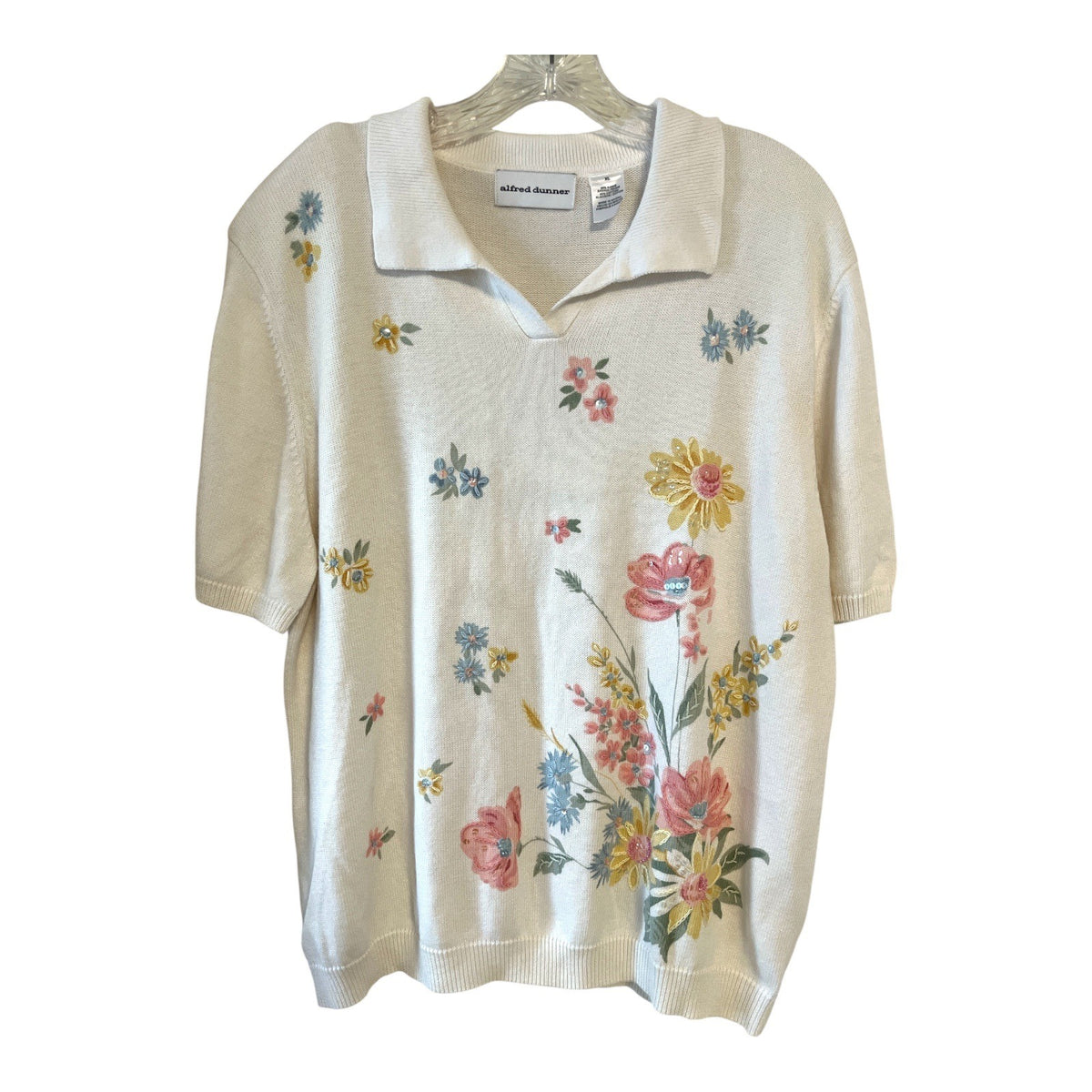 Alfred Dunner Floral Embellished Knit Polo Top XL Ramie Cotton