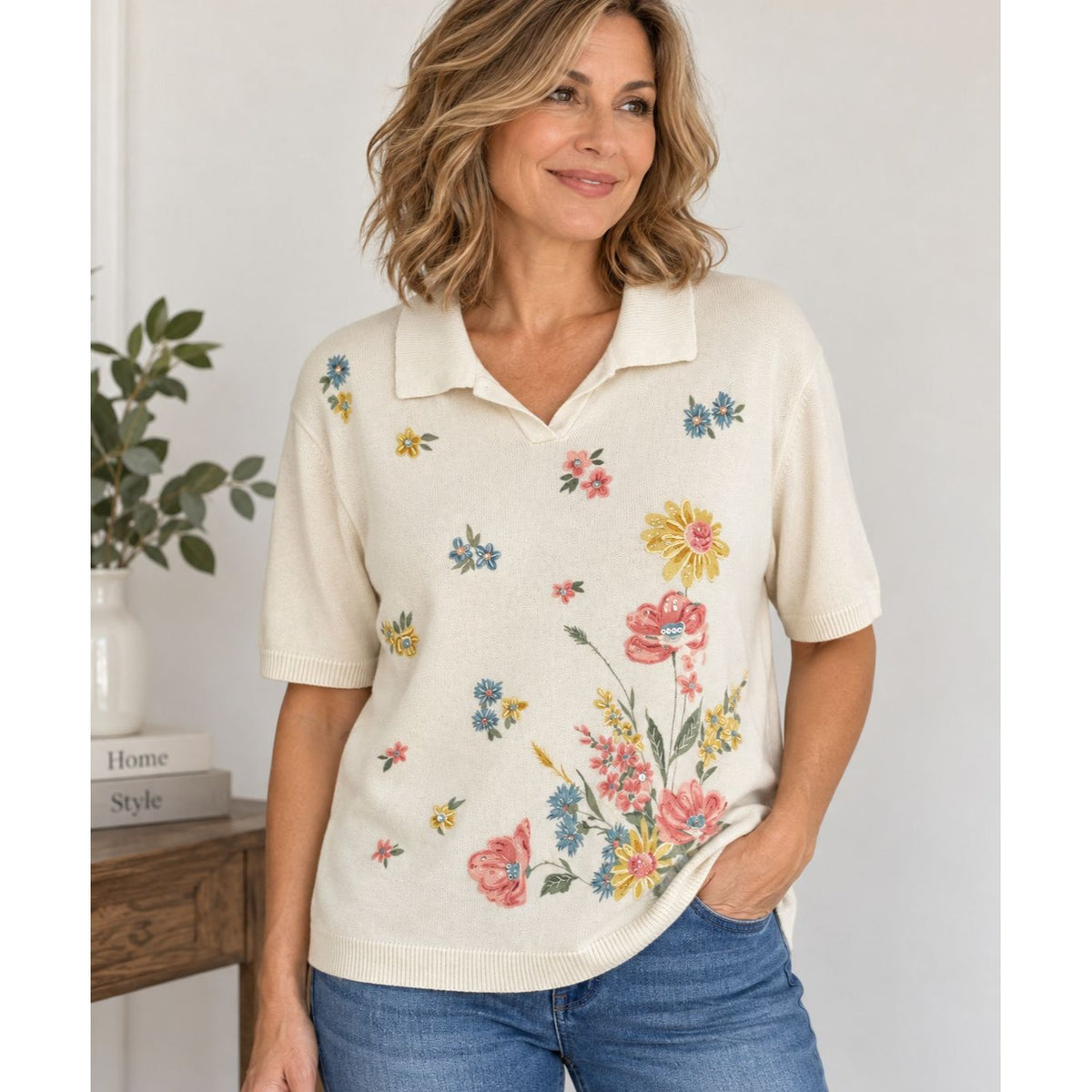 Alfred Dunner Floral Embellished Knit Polo Top XL Ramie Cotton
