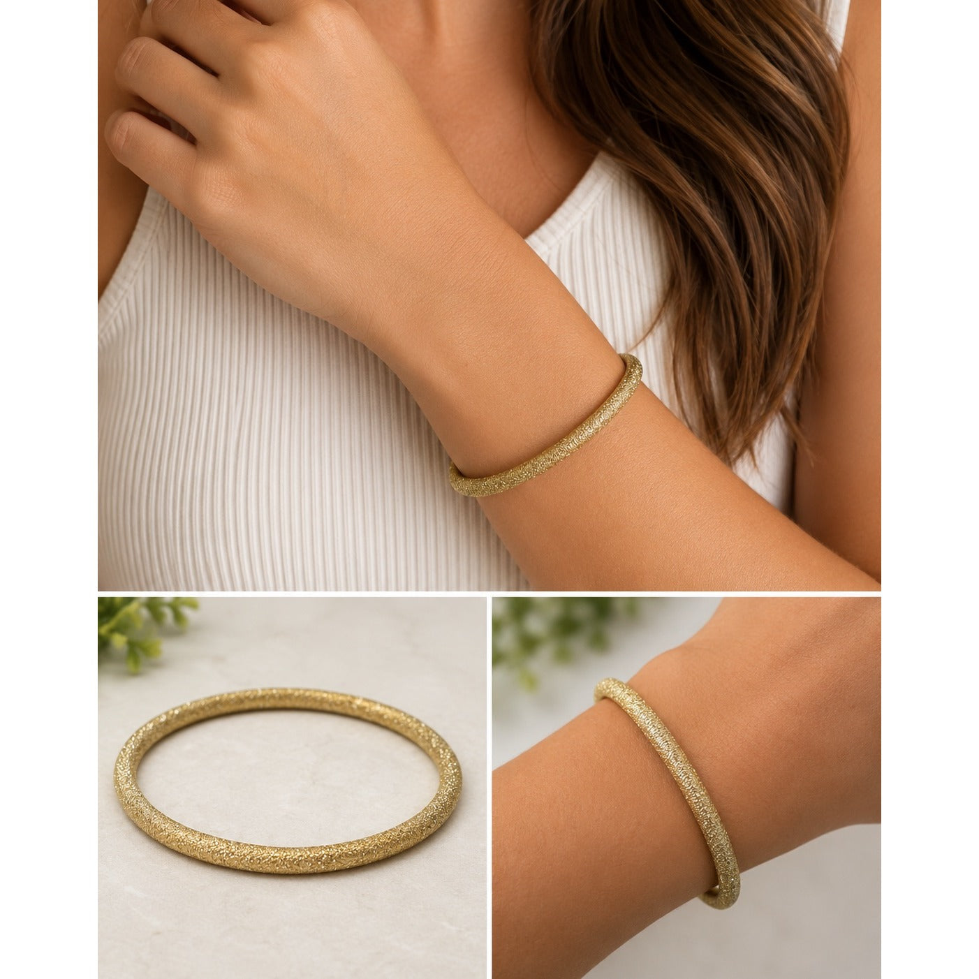 Vintage Gold Tone Stardust Bangle Bracelet Textured Slip On Minimalist Stackable