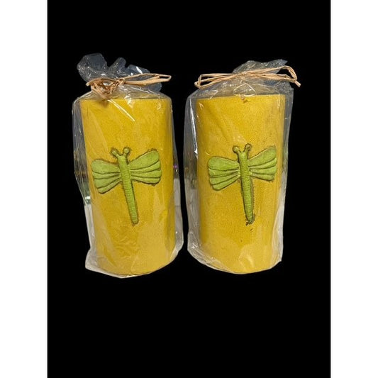 Set of 2 Dragonfly Pillar Candles Yellow Decorative Unscented Wrapped 5" Rustic Cottage