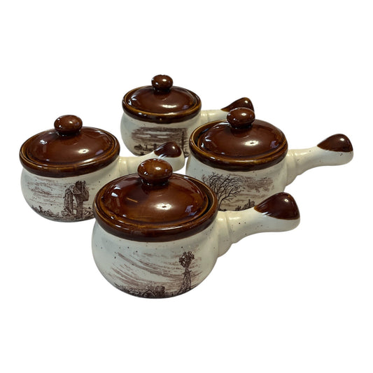 80s Vintage Farmhouse Soup Crock Set – Set of 4 – Brown Rim Stoneware Bowls with Scenic Country Designs