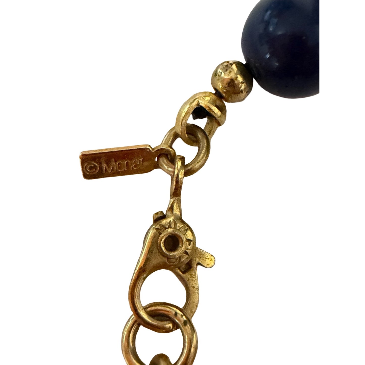 Monet Navy Blue Beaded Necklace Gold Tone Spacer Beads 16 Inch Vintage Costume Jewelry