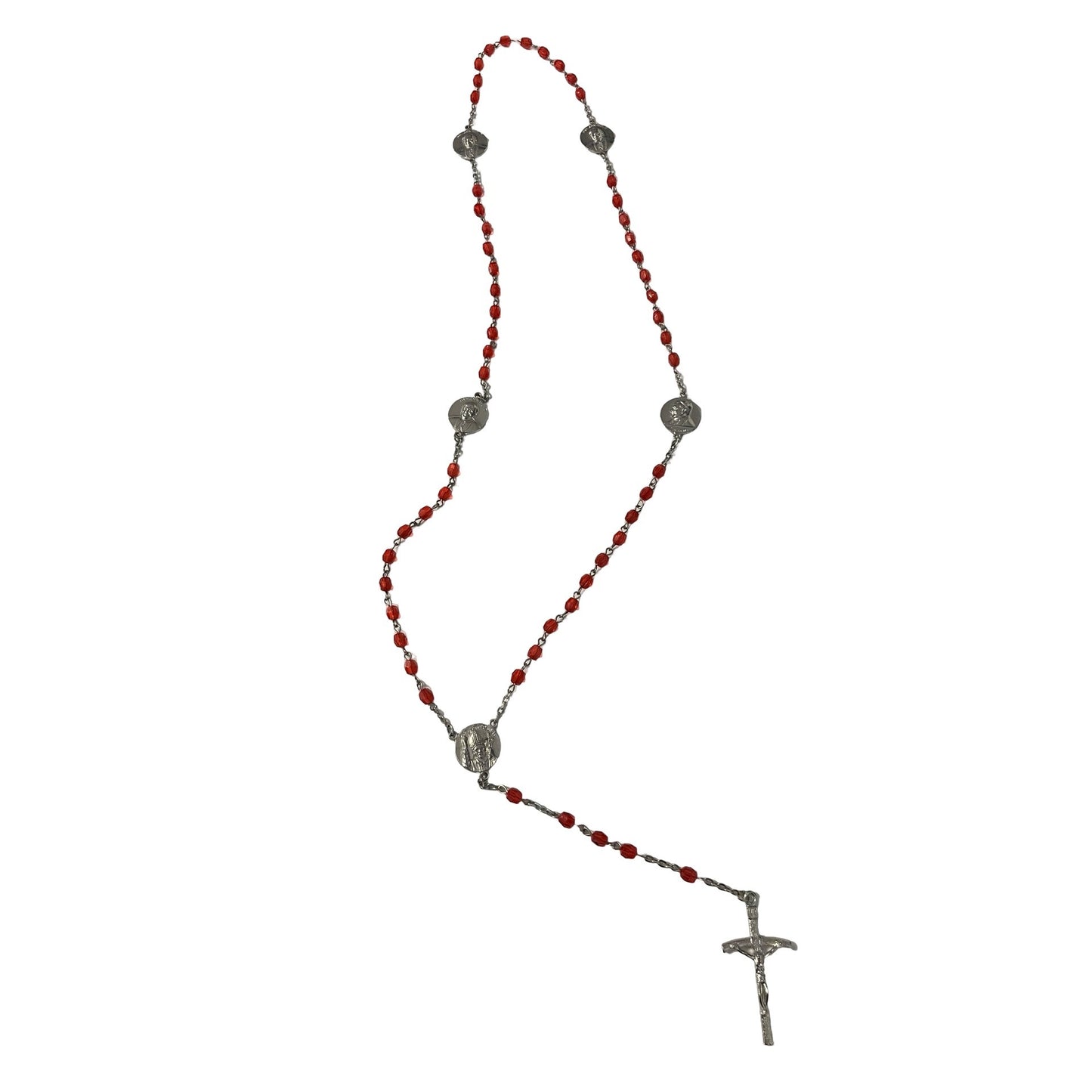 Vintage Pope John Paul II Rosary Red Glass Beads Silver Tone Crucifix 23”