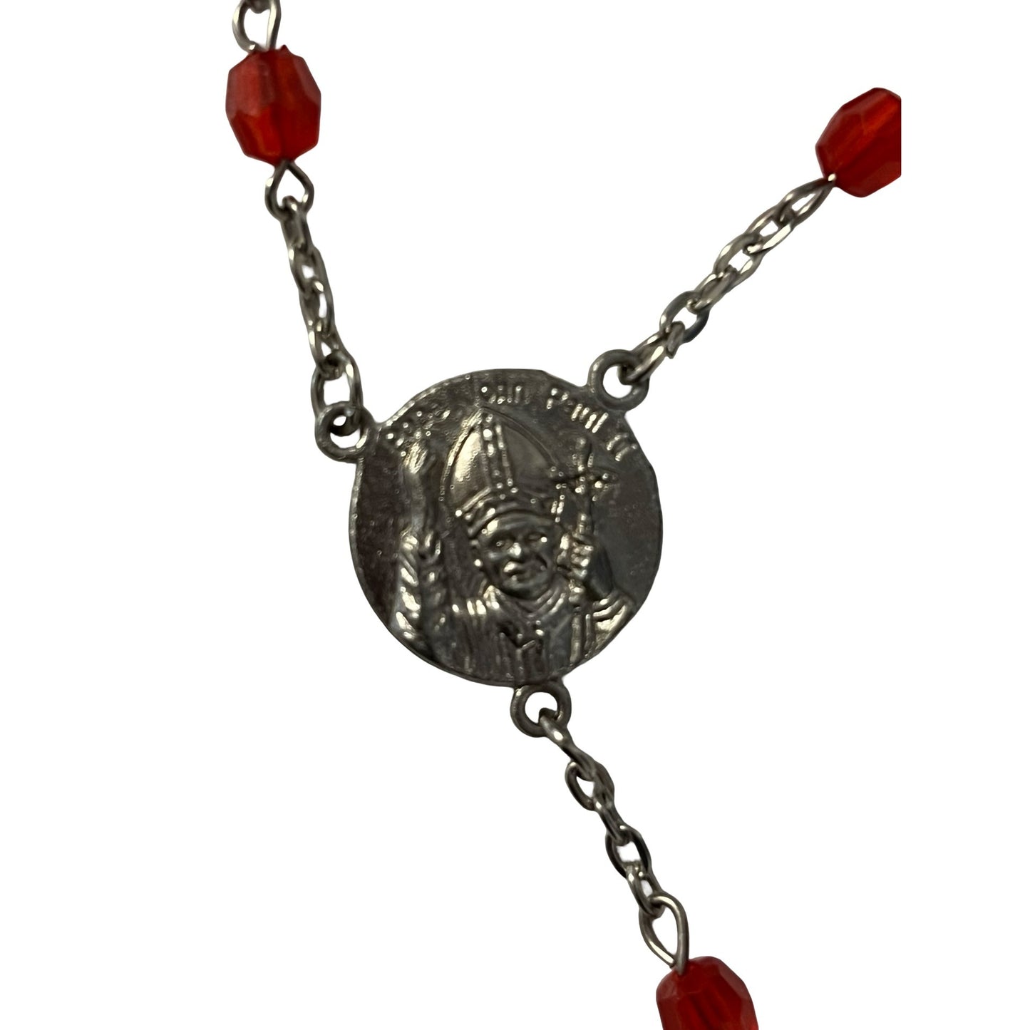 Vintage Pope John Paul II Rosary Red Glass Beads Silver Tone Crucifix 23”