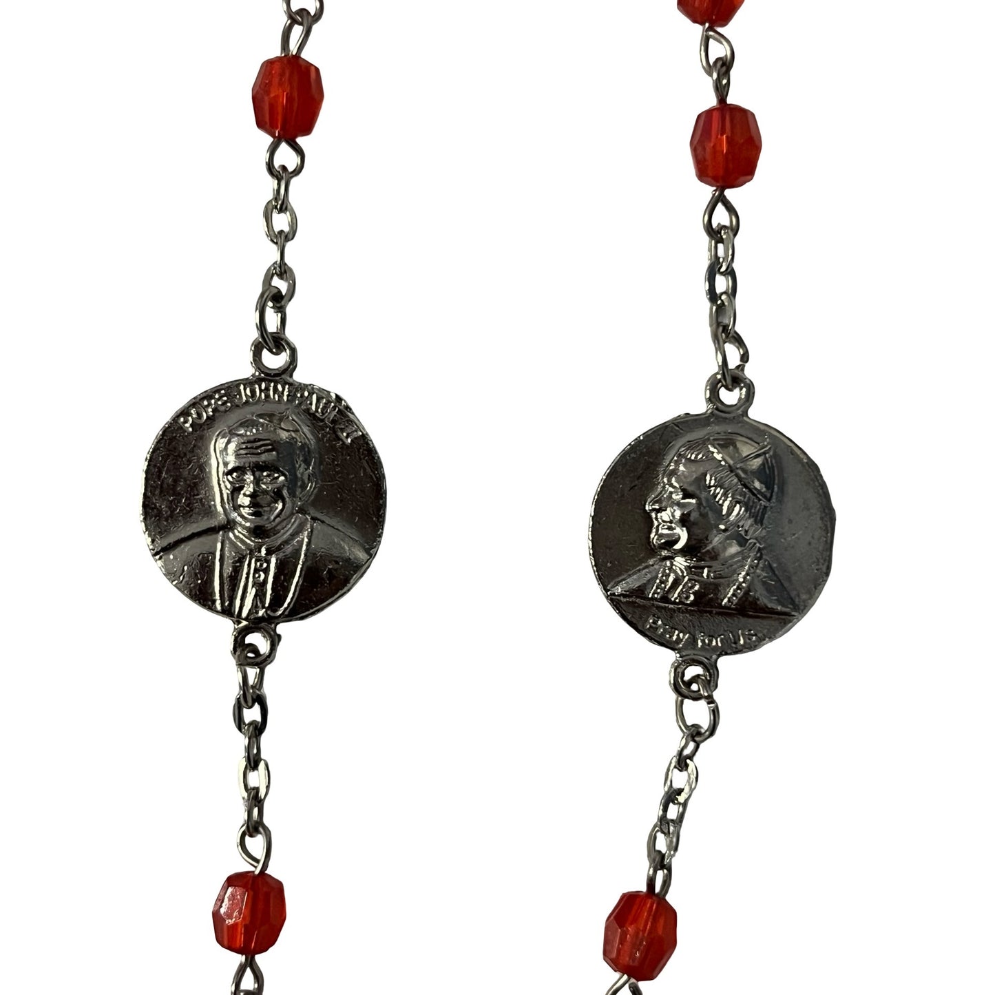 Vintage Pope John Paul II Rosary Red Glass Beads Silver Tone Crucifix 23”