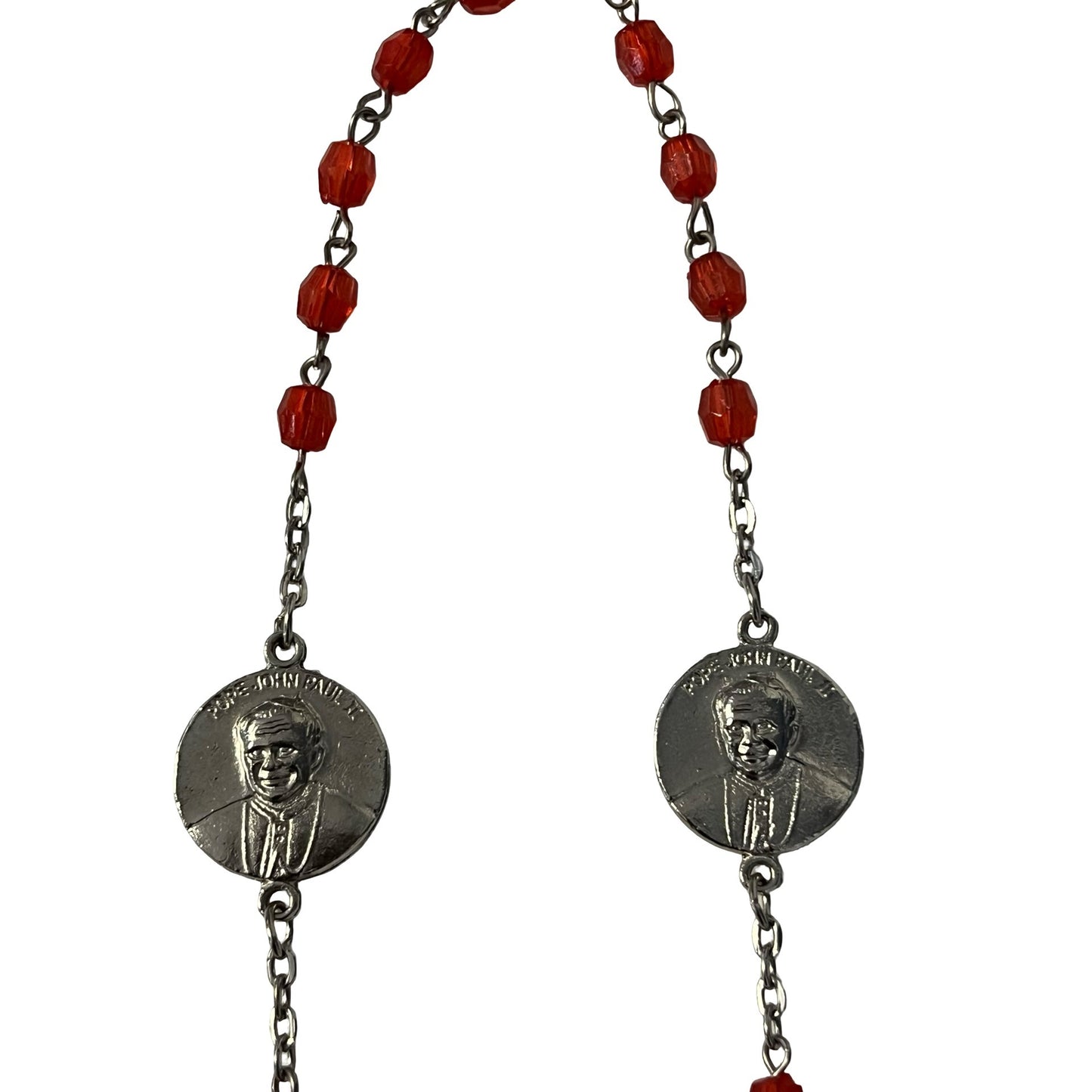 Vintage Pope John Paul II Rosary Red Glass Beads Silver Tone Crucifix 23”