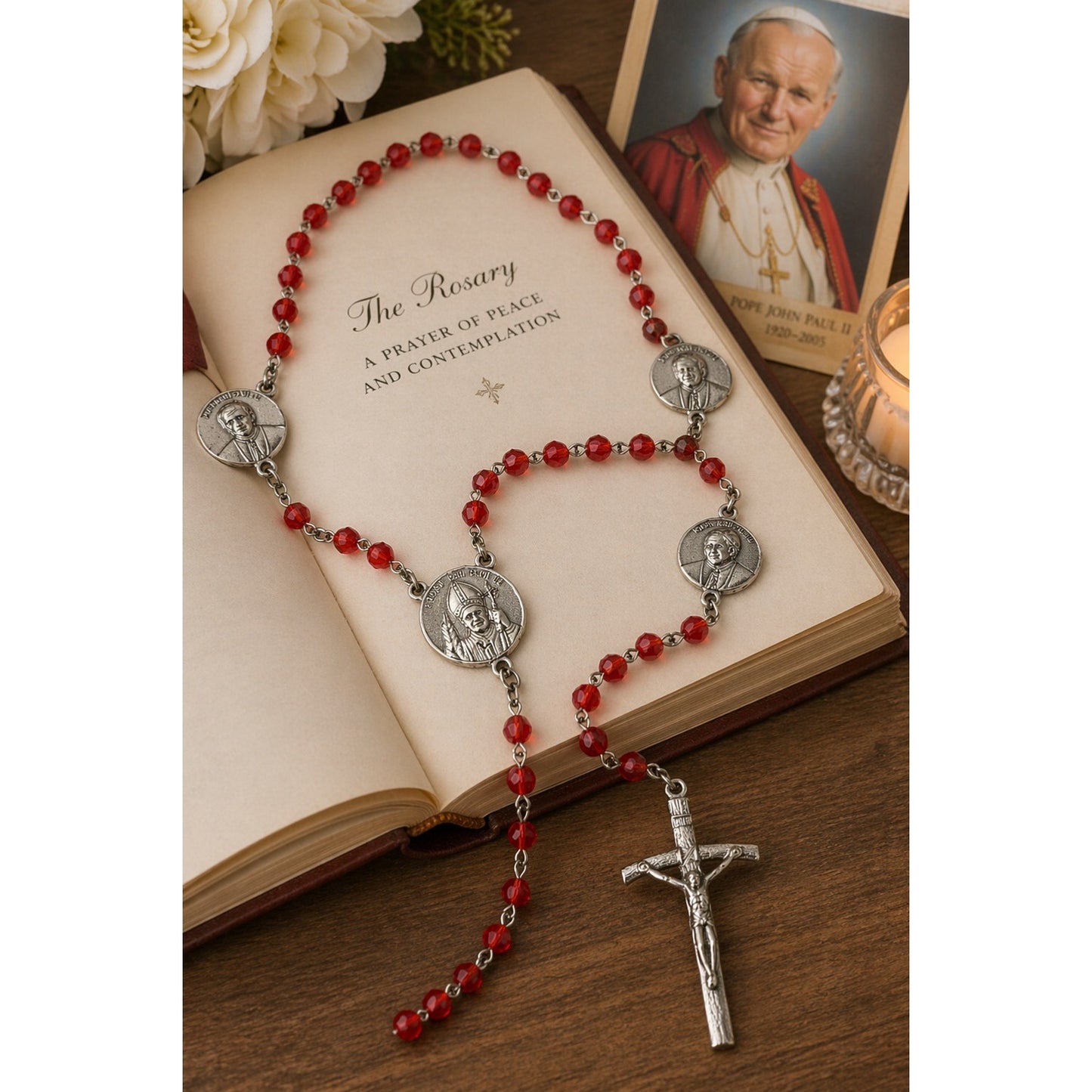 Vintage Pope John Paul II Rosary Red Glass Beads Silver Tone Crucifix 23”