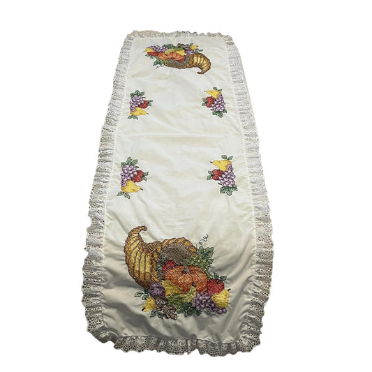 Vintage Hand-Embroidered Cornucopia Table Runner – White with Lace Trim
