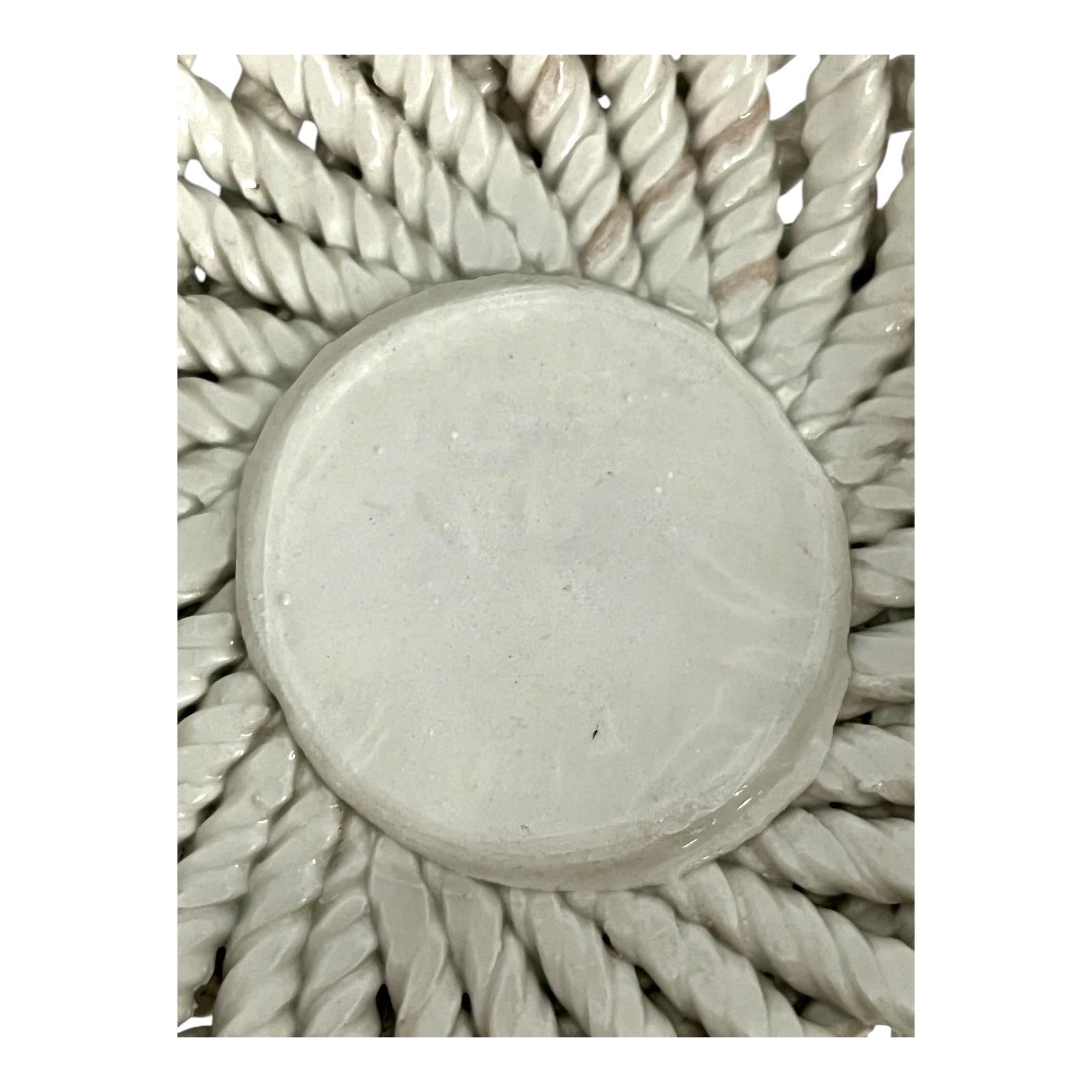 Vintage Italian Ceramic Basket – Floral Rose Detail – Rope Weave