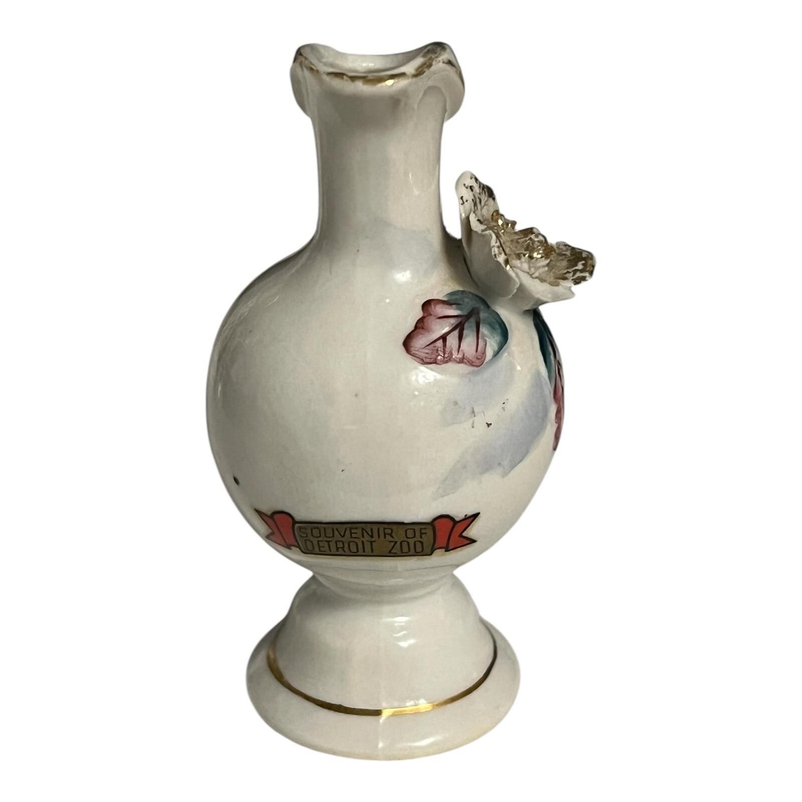 Vintage "Souvenir of Detroit Zoo" Miniature Pitcher Vase – Made in Occupied Japan – 3.5” Tall – Floral with Gold Trim – READ