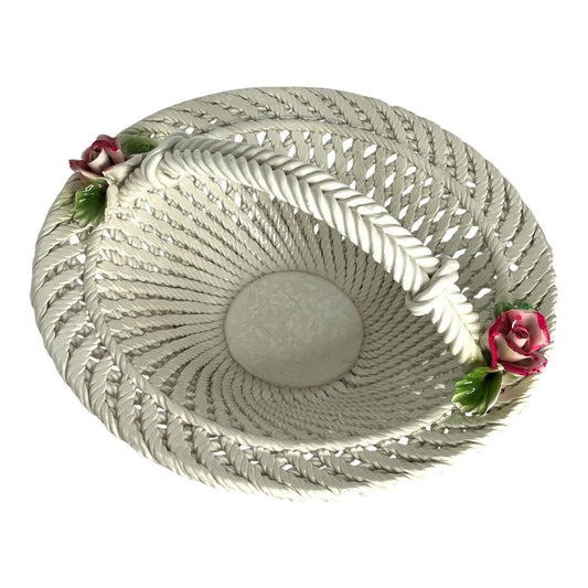 Vintage Italian Ceramic Basket with Roses – 11” x 6”