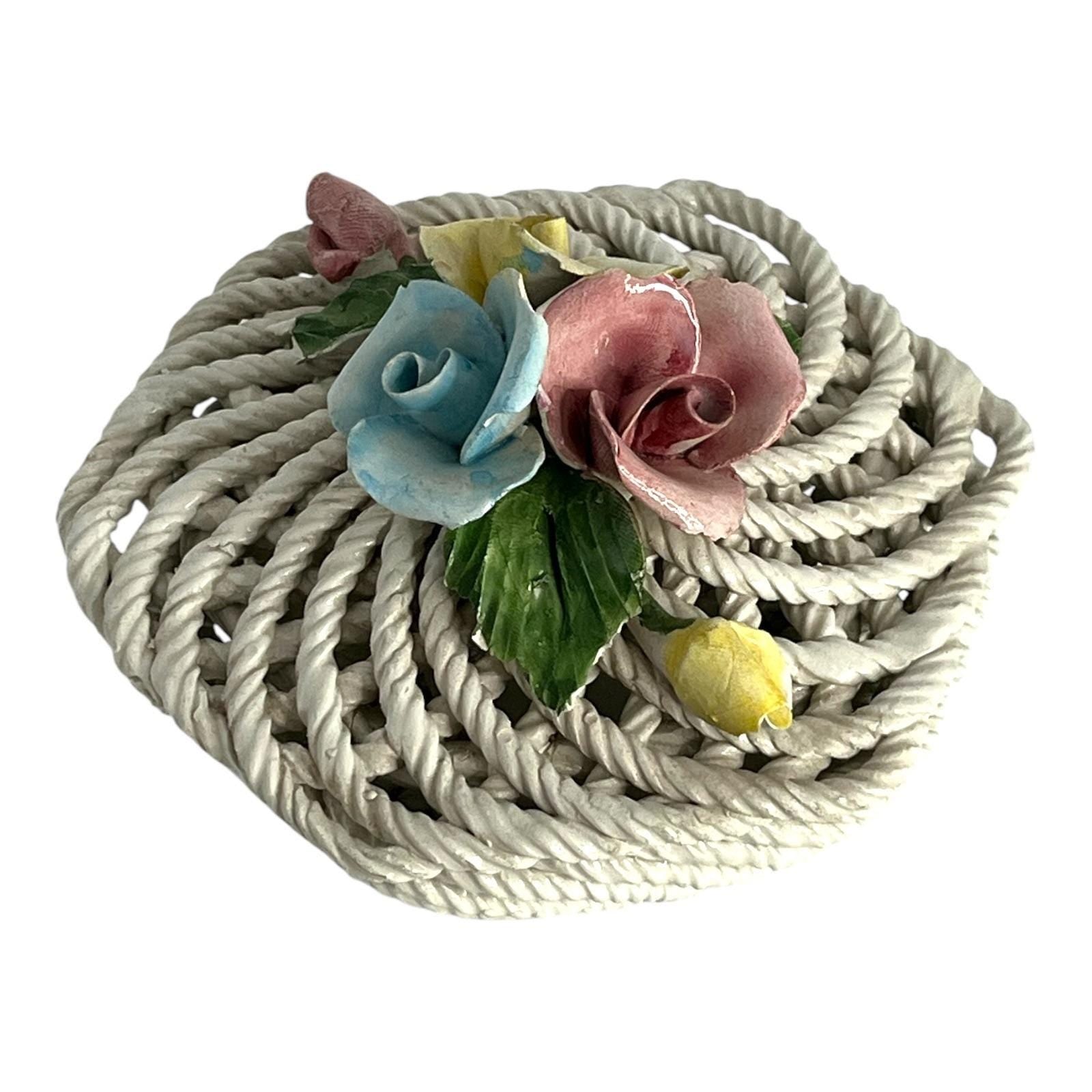 Vintage Italian Ceramic Basket – Floral Rose Detail – Rope Weave