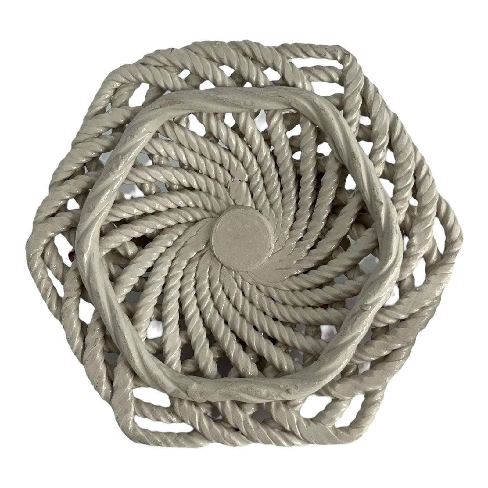 Vintage Italian Ceramic Basket – Floral Rose Detail – Rope Weave