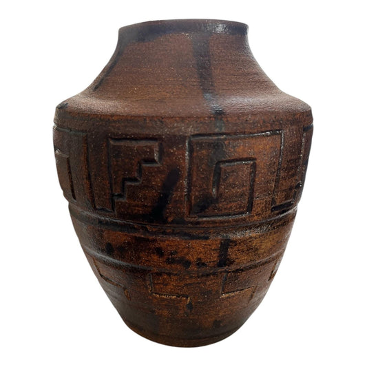 Handcrafted Brown Ceramic Vase – Signed by Tom R (1996)