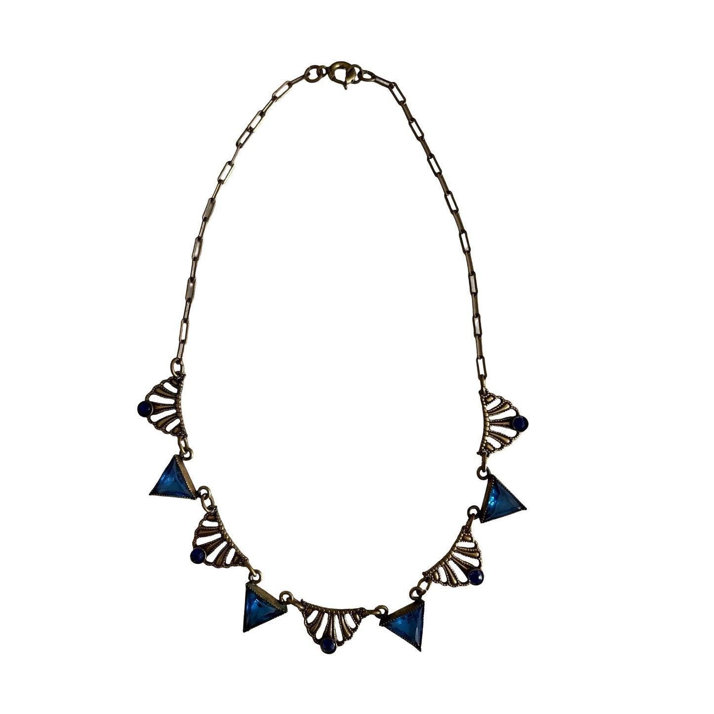 Vintage Gold Tone Blue Glass Statement Necklace Art Deco Style 14 Inch