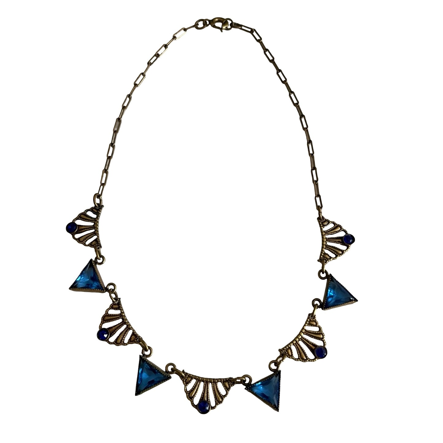 Vintage Gold Tone Blue Glass Statement Necklace Art Deco Style 14 Inch