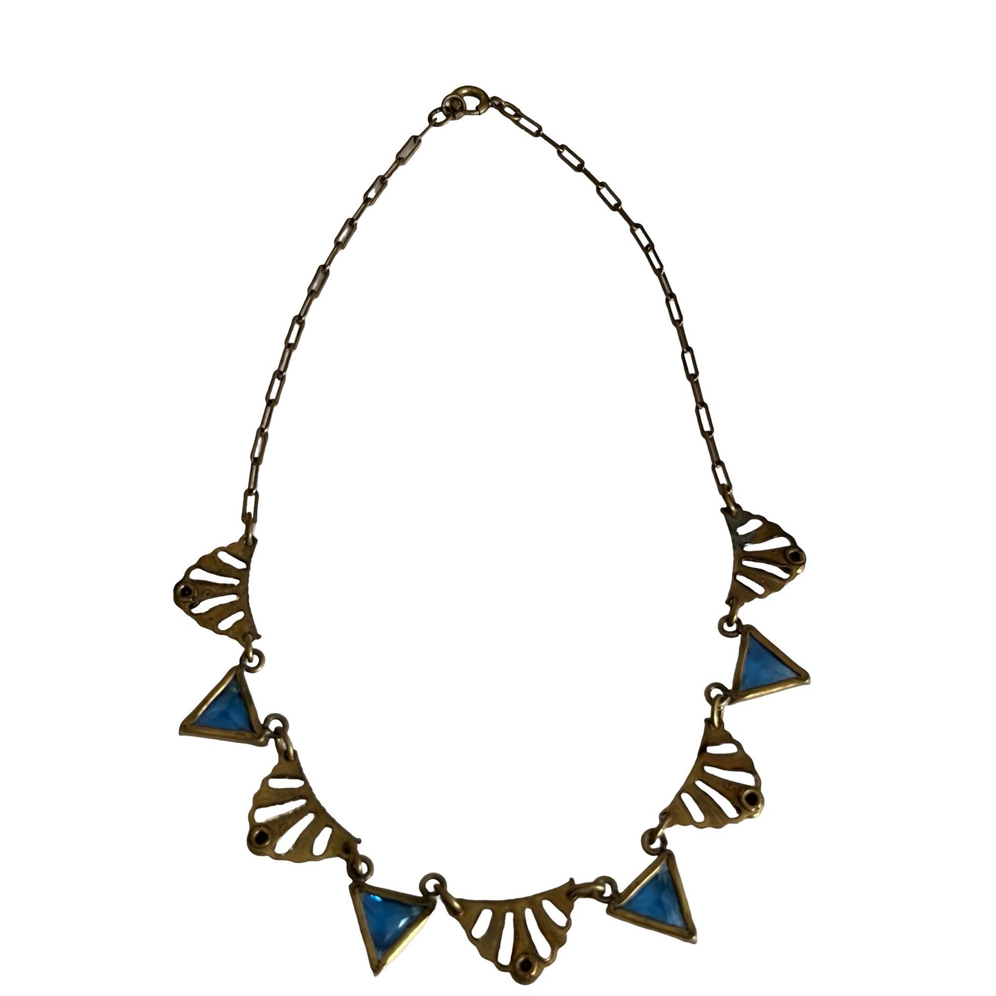 Vintage Gold Tone Blue Glass Statement Necklace Art Deco Style 14 Inch