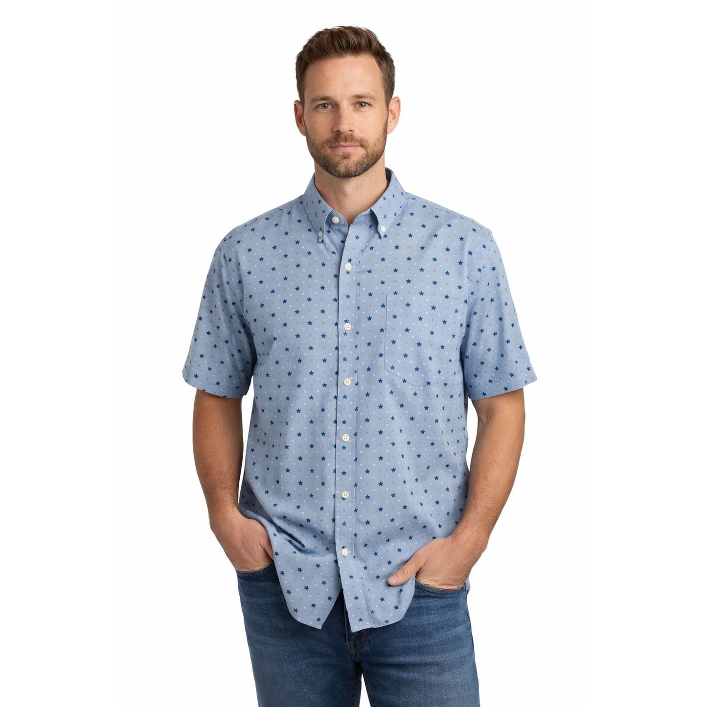 IZOD Men’s Star Print Button-Down Shirt XL Blue Red White Short Sleeve
