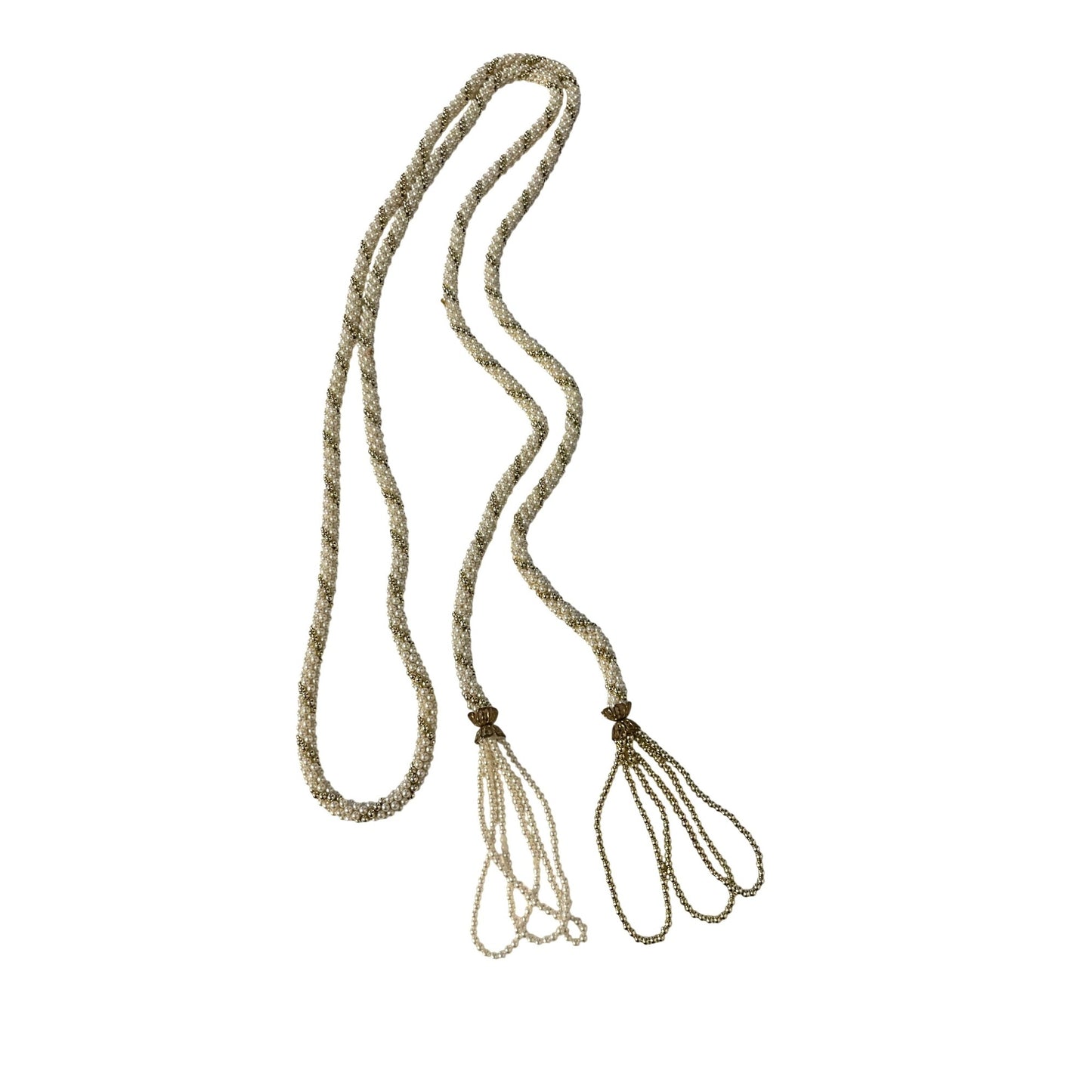 Vintage Seed Bead Necklace 74” Extra Long Tassel White Gold Tone Flapper Style