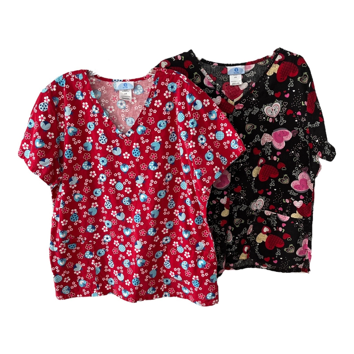SB Scrubs Women’s Size L Lot of 2 V-Neck Tops – Red Ladybugs & Black Hearts