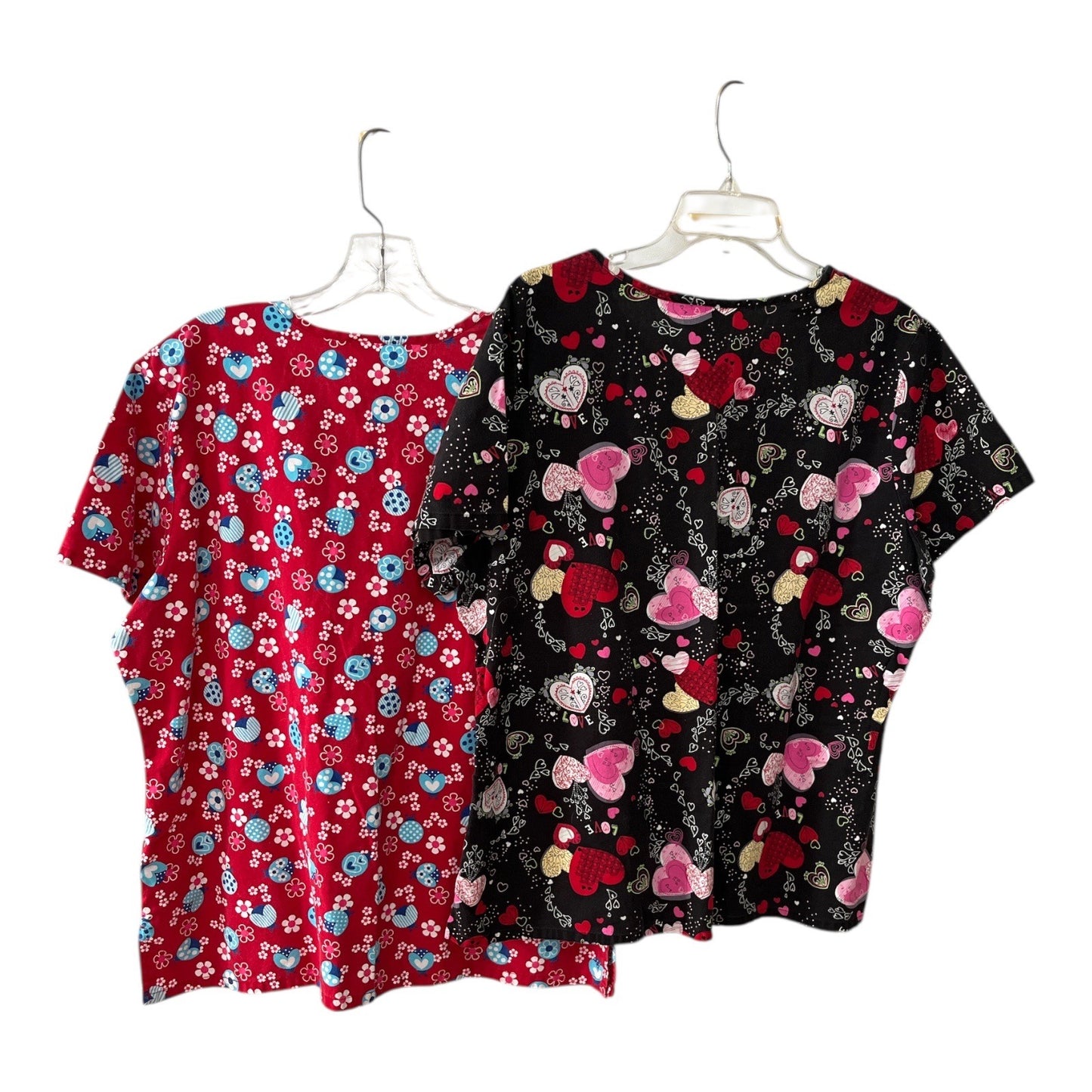 SB Scrubs Women’s Size L Lot of 2 V-Neck Tops – Red Ladybugs & Black Hearts