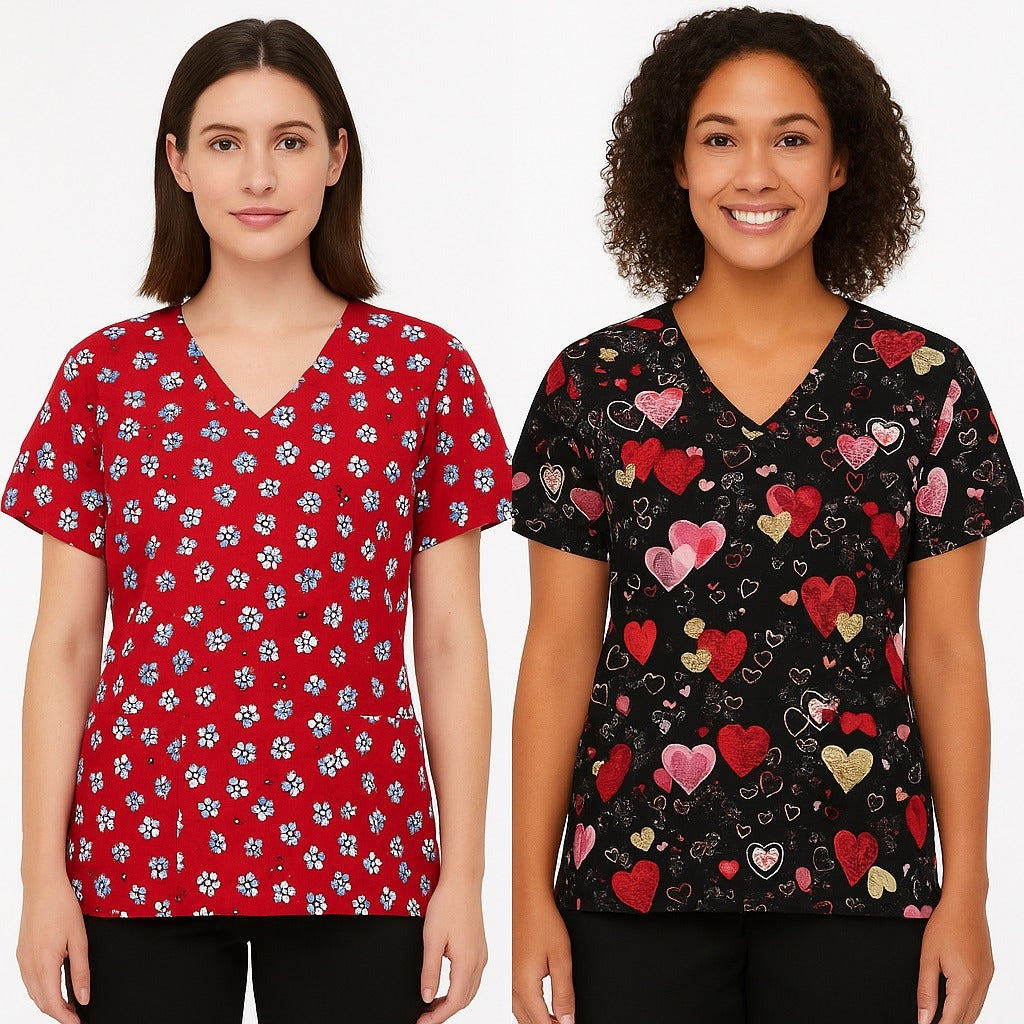 SB Scrubs Women’s Size L Lot of 2 V-Neck Tops – Red Ladybugs & Black Hearts