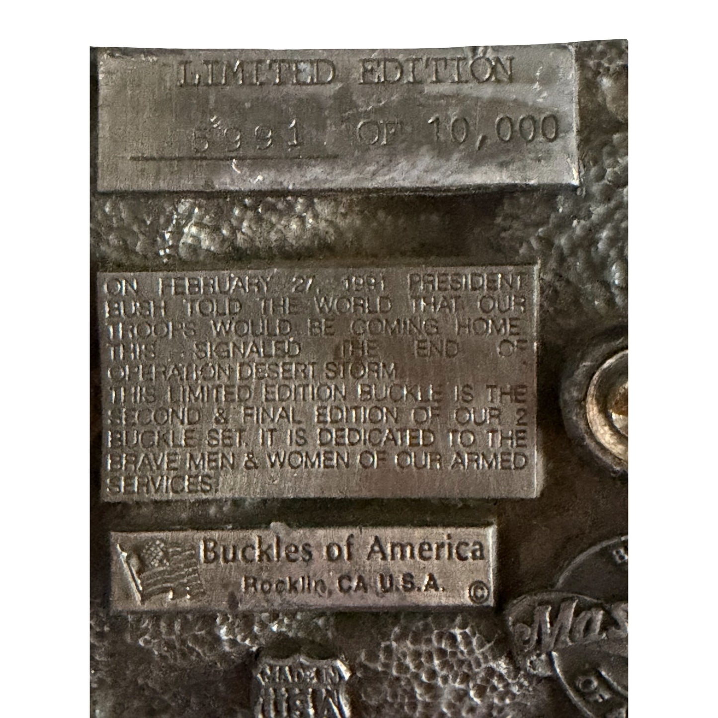 1991 Victory In The Gulf Operation Desert Storm Limited Edition Belt Buckle 5931/10000