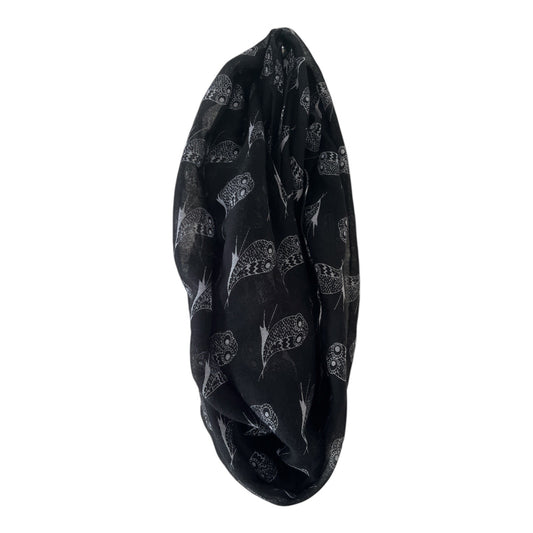Copper Key Black Infinity Scarf with White Owl Print | 64” Loop | One Size Polyester