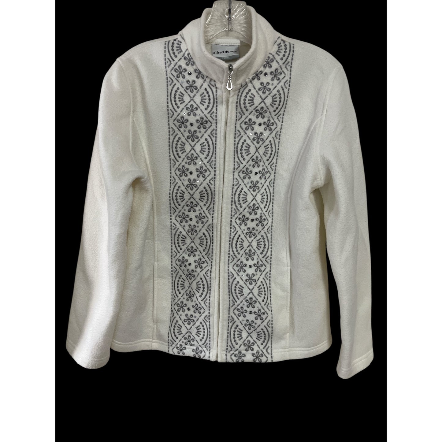 Alfred Dunner Women’s Medium Petite White Fleece Jacket Embroidered Zip Front