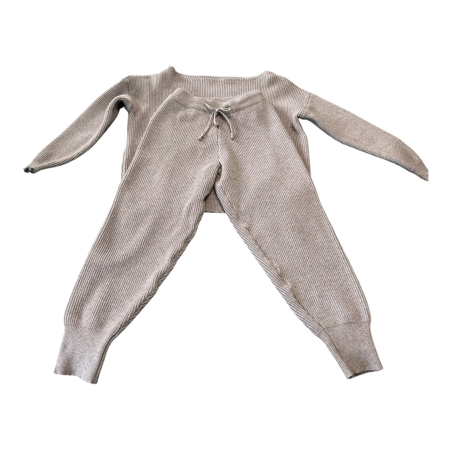 Ribbed Knit Lounge Set Light Gray Two Piece Sweater Top Pants Matching Outfit