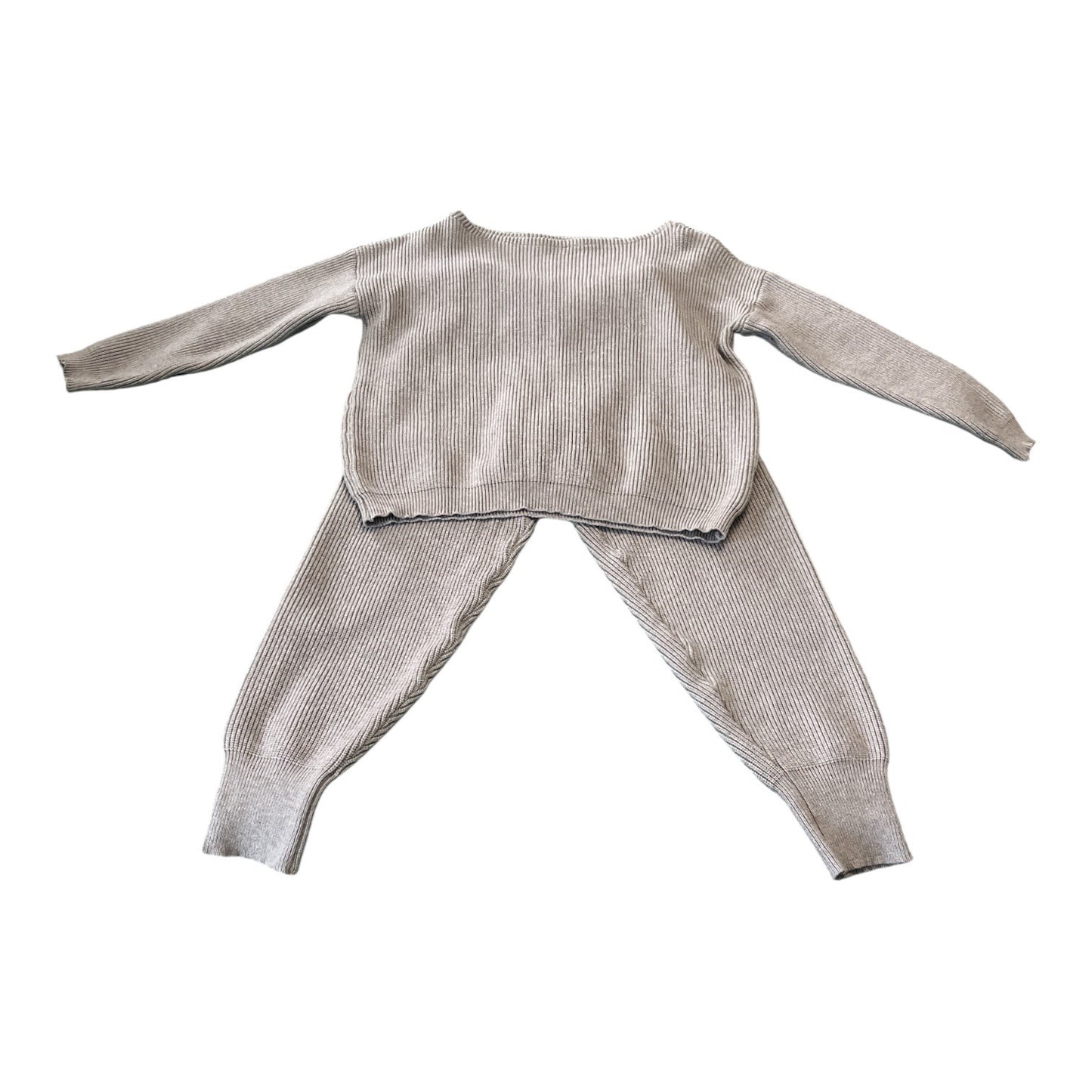Ribbed Knit Lounge Set Light Gray Two Piece Sweater Top Pants Matching Outfit